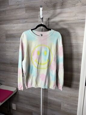 Pastel Tie-Dye Long Sleeve Tee with Neon Smile - Women 2103